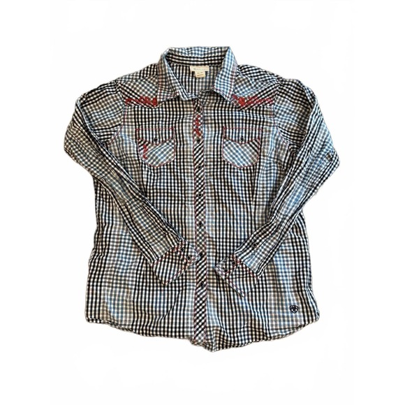 Ariat Tops - Blue Ariat Western Style Gingham Button-Up Shirt, Red Embroidered American Rose
